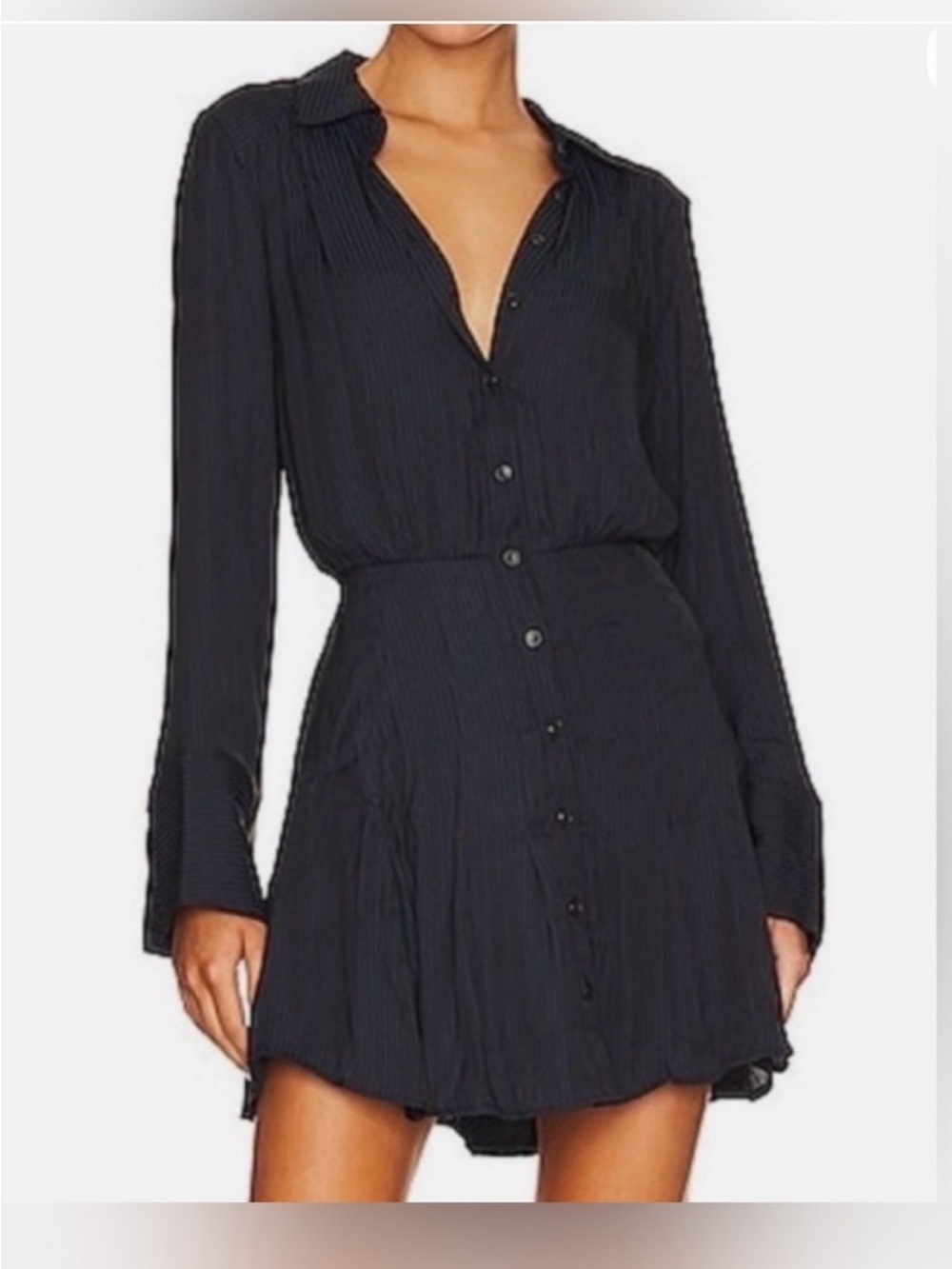 Free People Navy Pinstriped Button-Front Long-Sleeve Mini Dress